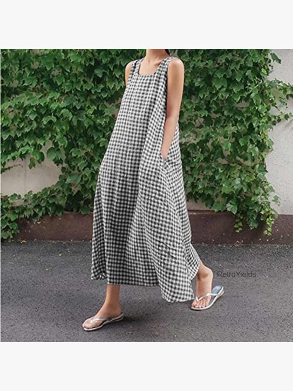 Cotton Linen Tank Maxi Dress with Pockets Plaid Boho - Picture 2 of 5